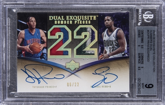 2005-06 UD "Exquisite Collection" Dual Number Pieces #DNPR Tayshaun Prince/Michael Redd Dual Signed Game Used Patch Card (#06/22) – BGS MINT 9/BGS 10